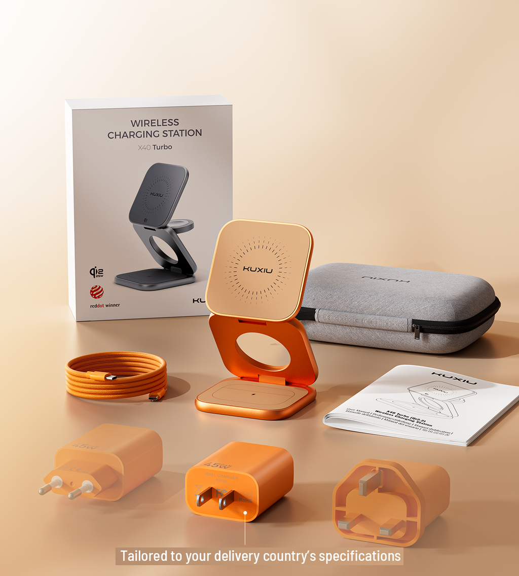 KUXIU X40 Turbo Qi2.2 Certified 25W 3-in-1 MagSafe Foldable Wireless Charging Stand  - Cosmic Orange