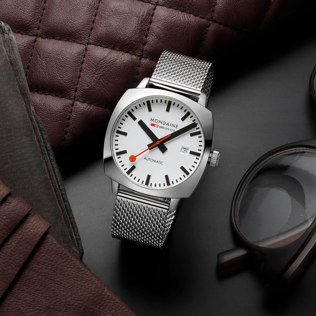 Mondaine Men's White Cushion Automatic 39mm Watch