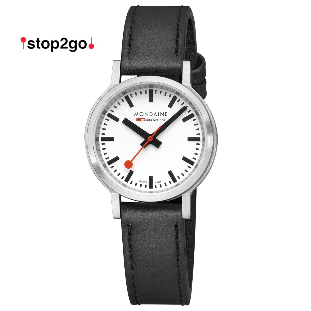 Mondaine Stop2Go White 34mm Vegan Leather Watch