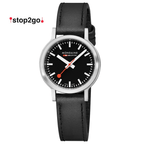 Mondaine 34mm Stop2Go Watch Black Dial Vegan Leather