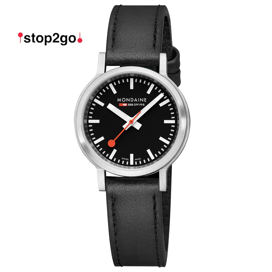 Mondaine 34mm Stop2Go Watch Black Dial Vegan Leather