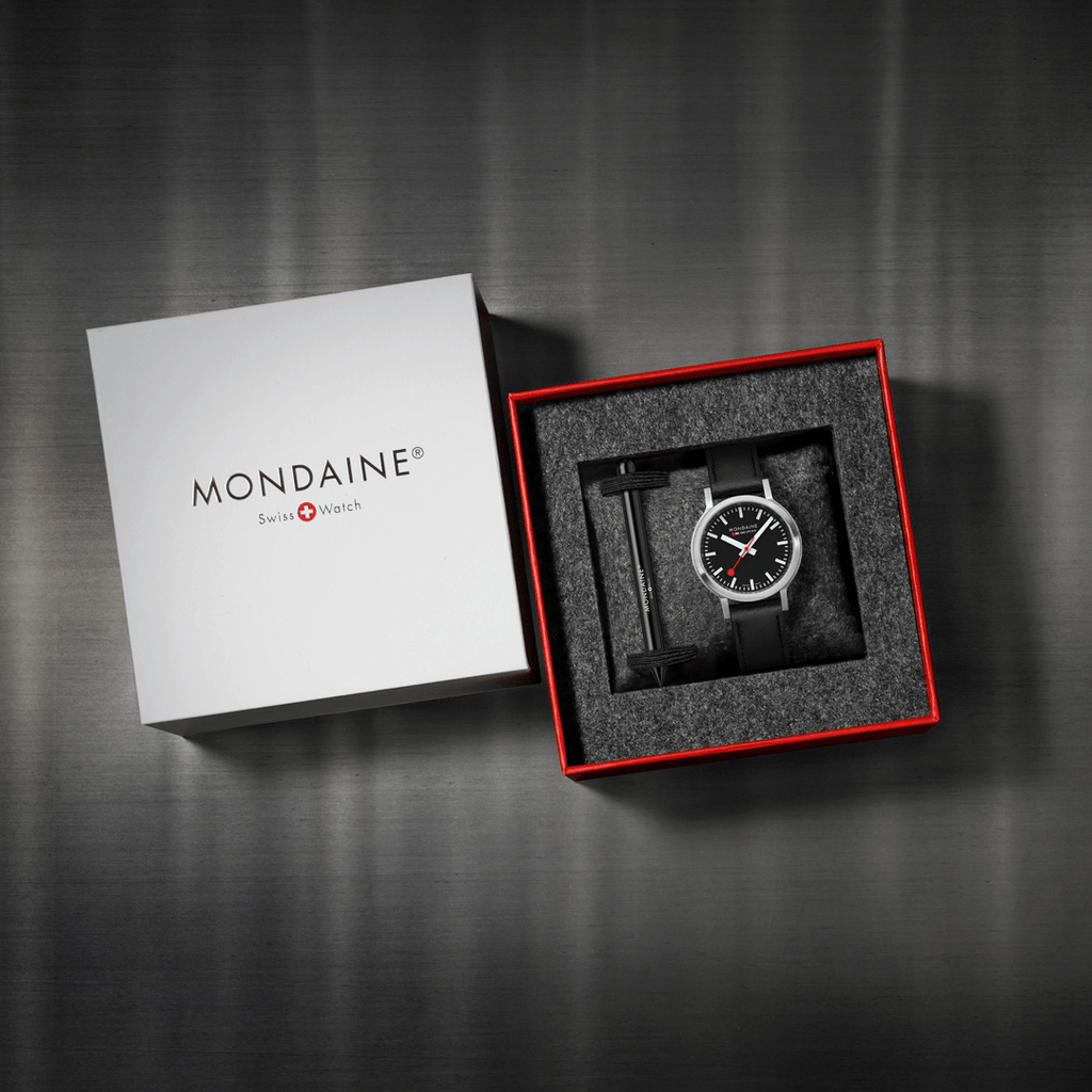 Mondaine 34mm Stop2Go Watch Black Dial Vegan Leather