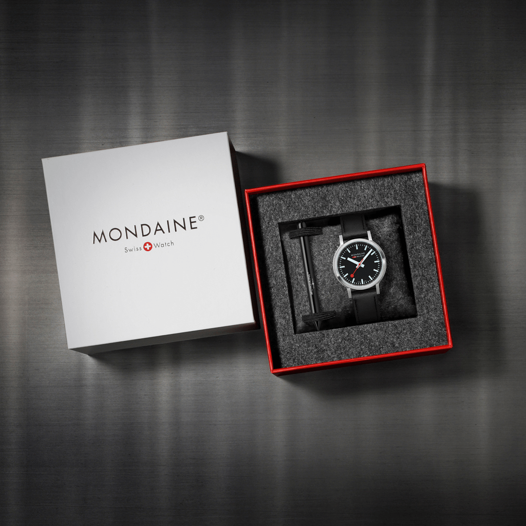Mondaine 34mm Stop2Go Watch Black Dial Vegan Leather