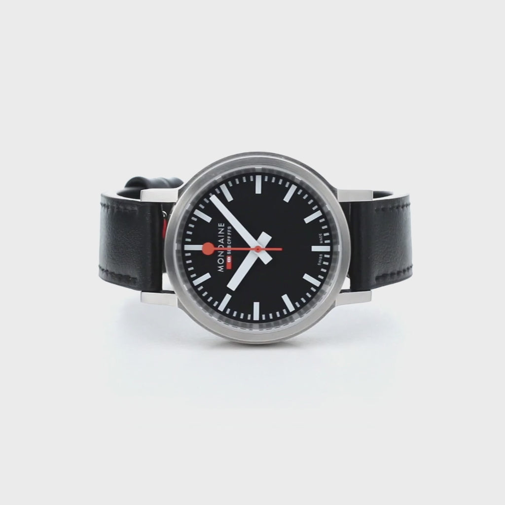 Mondaine 34mm Stop2Go Watch Black Dial Vegan Leather