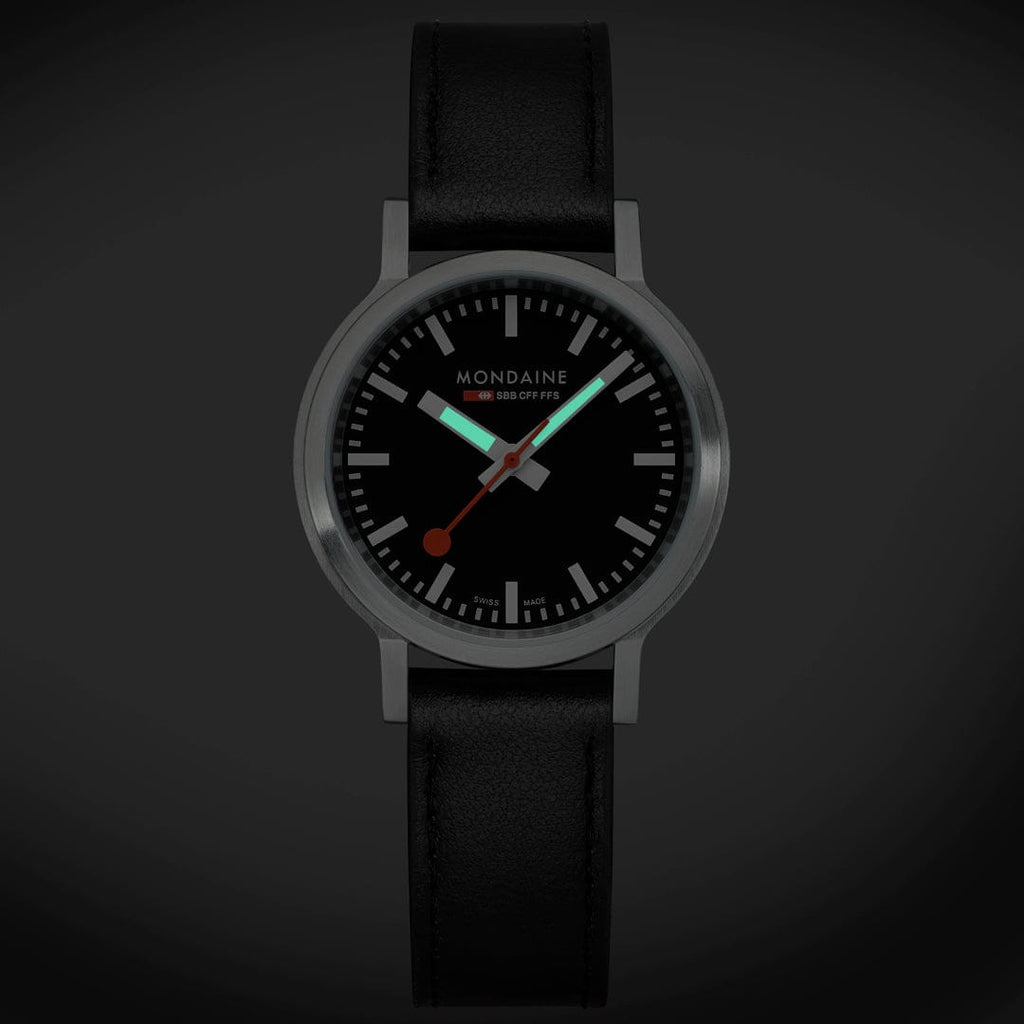 Mondaine 34mm Stop2Go Watch Black Dial Vegan Leather