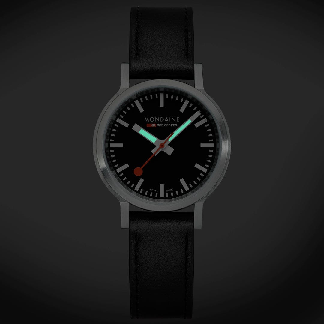 Mondaine 34mm Stop2Go Watch Black Dial Vegan Leather