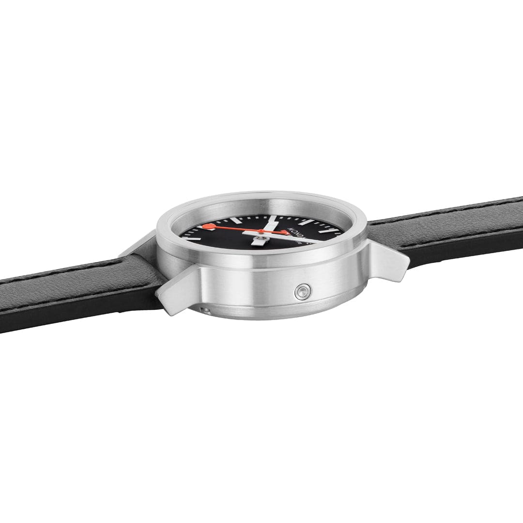 Mondaine 34mm Stop2Go Watch Black Dial Vegan Leather