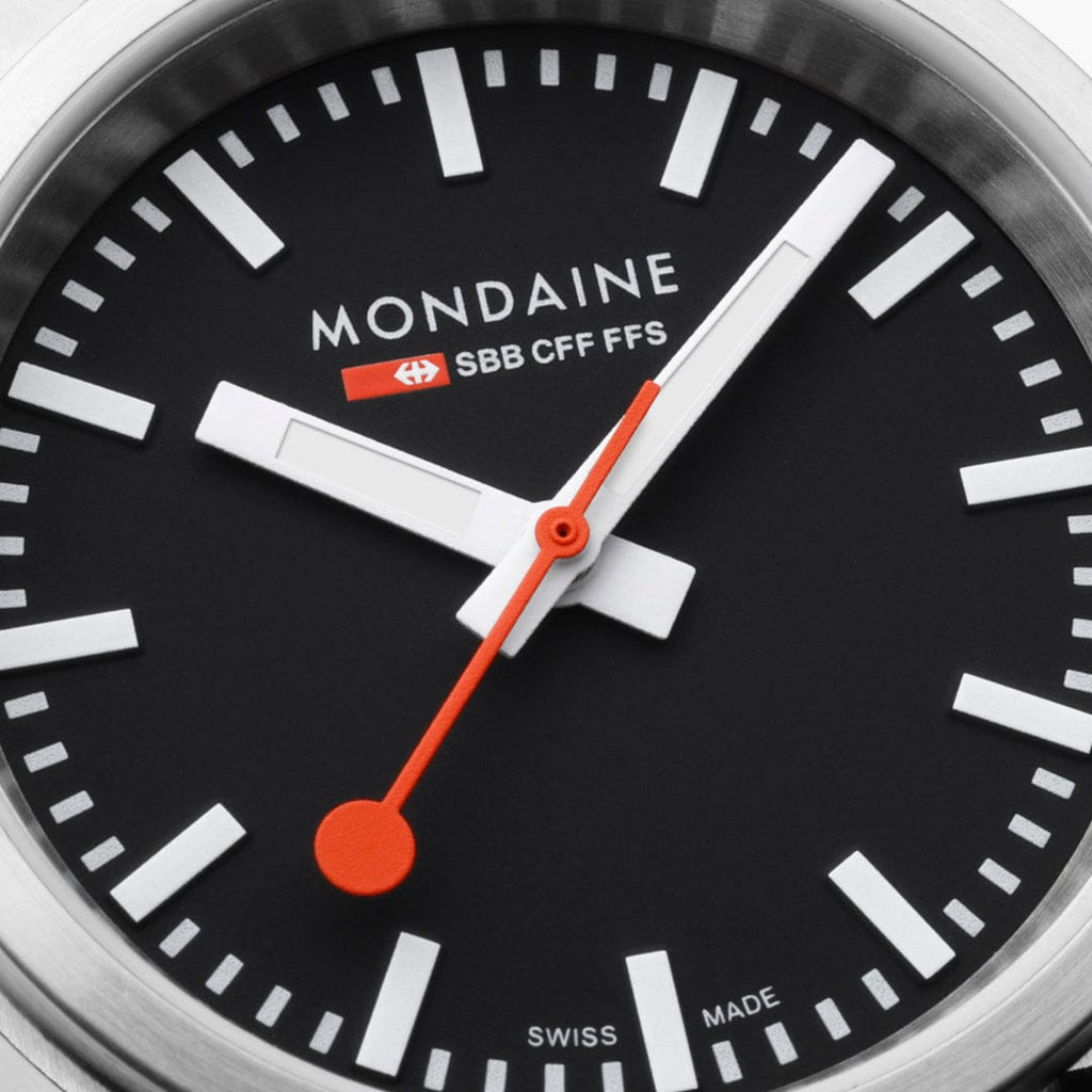 Mondaine 34mm Stop2Go Watch Black Dial Vegan Leather
