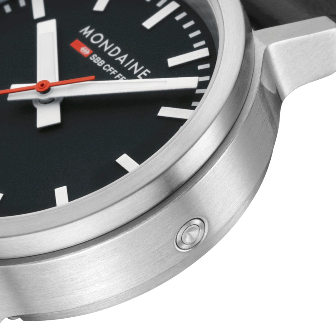 Mondaine 34mm Stop2Go Watch Black Dial Vegan Leather
