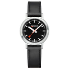 Mondaine 34mm Stop2Go Watch Black Dial Vegan Leather
