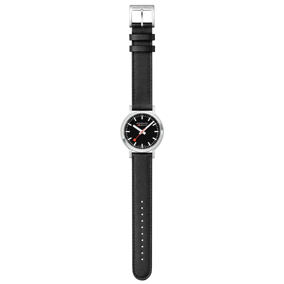 Mondaine 34mm Stop2Go Watch Black Dial Vegan Leather