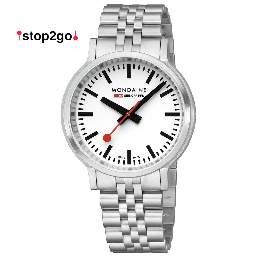 Mondaine 41mm Stop2Go Watch White Dial Steel Bracelet