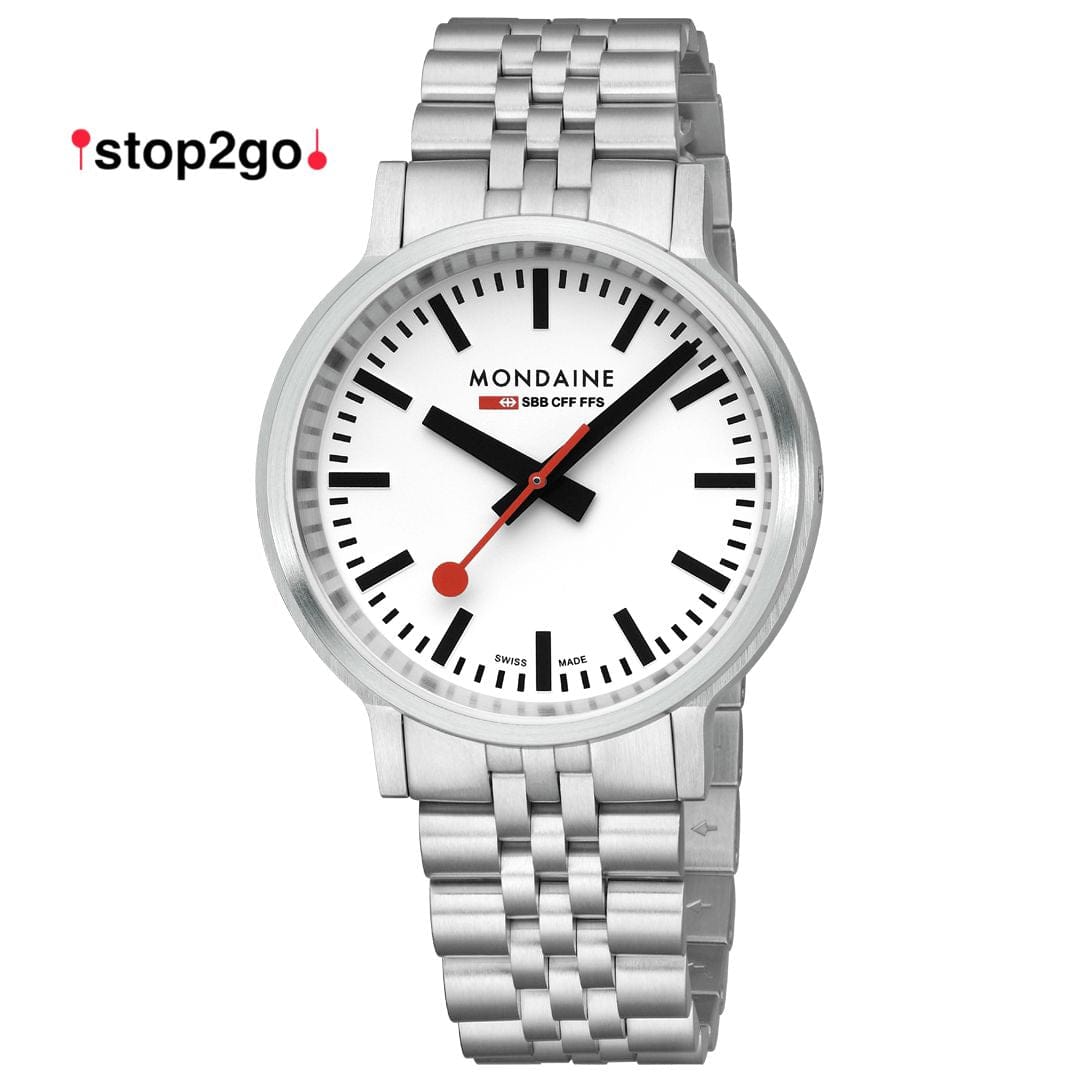 Mondaine 41mm Stop2Go Watch White Dial Steel Bracelet