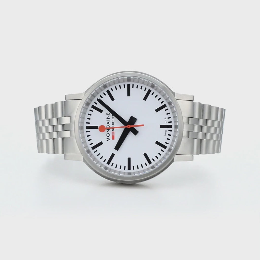 Mondaine 41mm Stop2Go Watch White Dial Steel Bracelet