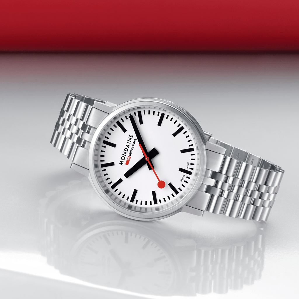 Mondaine 41mm Stop2Go Watch White Dial Steel Bracelet
