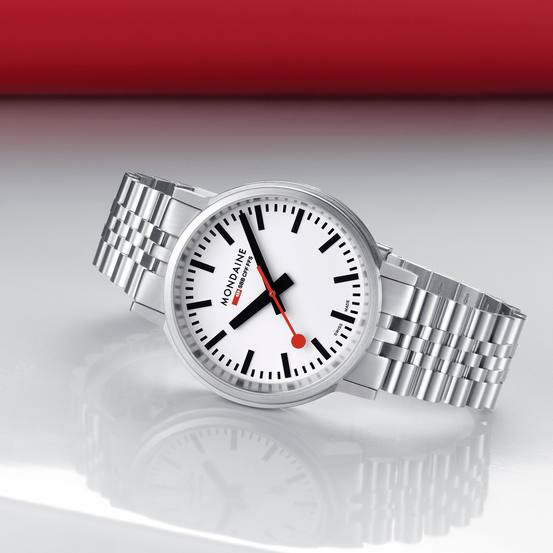 Mondaine 41mm Stop2Go Watch White Dial Steel Bracelet