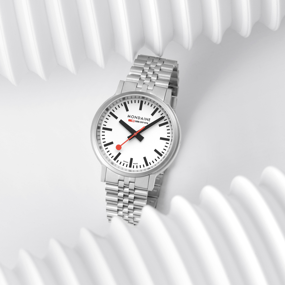 Mondaine 41mm Stop2Go Watch White Dial Steel Bracelet