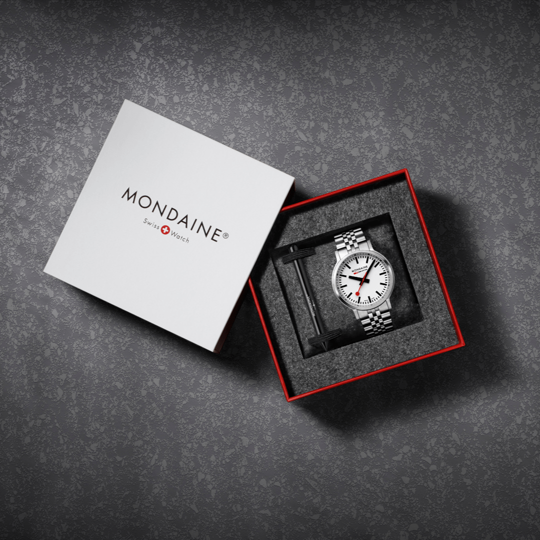 Mondaine 41mm Stop2Go Watch White Dial Steel Bracelet