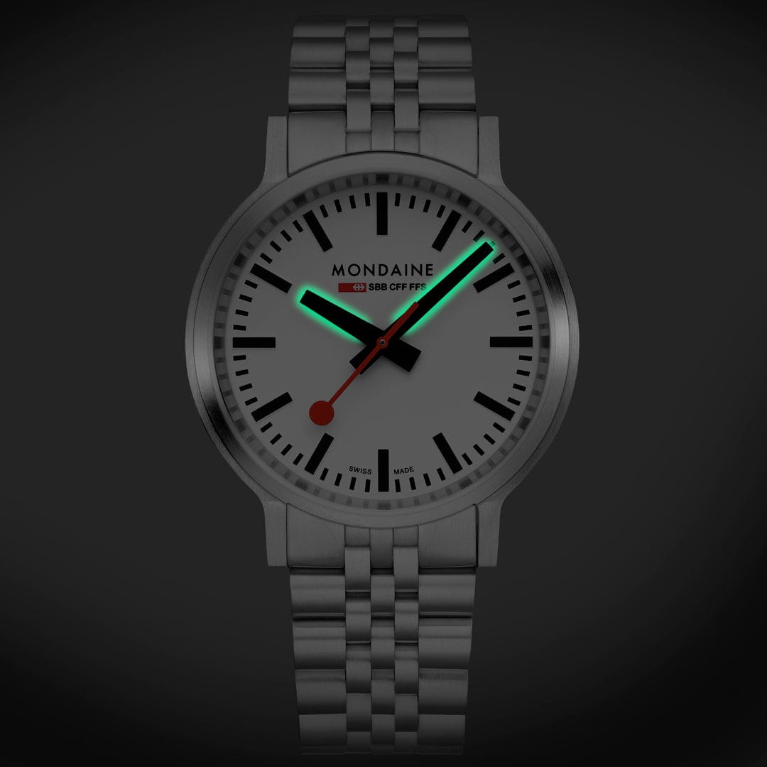 Mondaine 41mm Stop2Go Watch White Dial Steel Bracelet