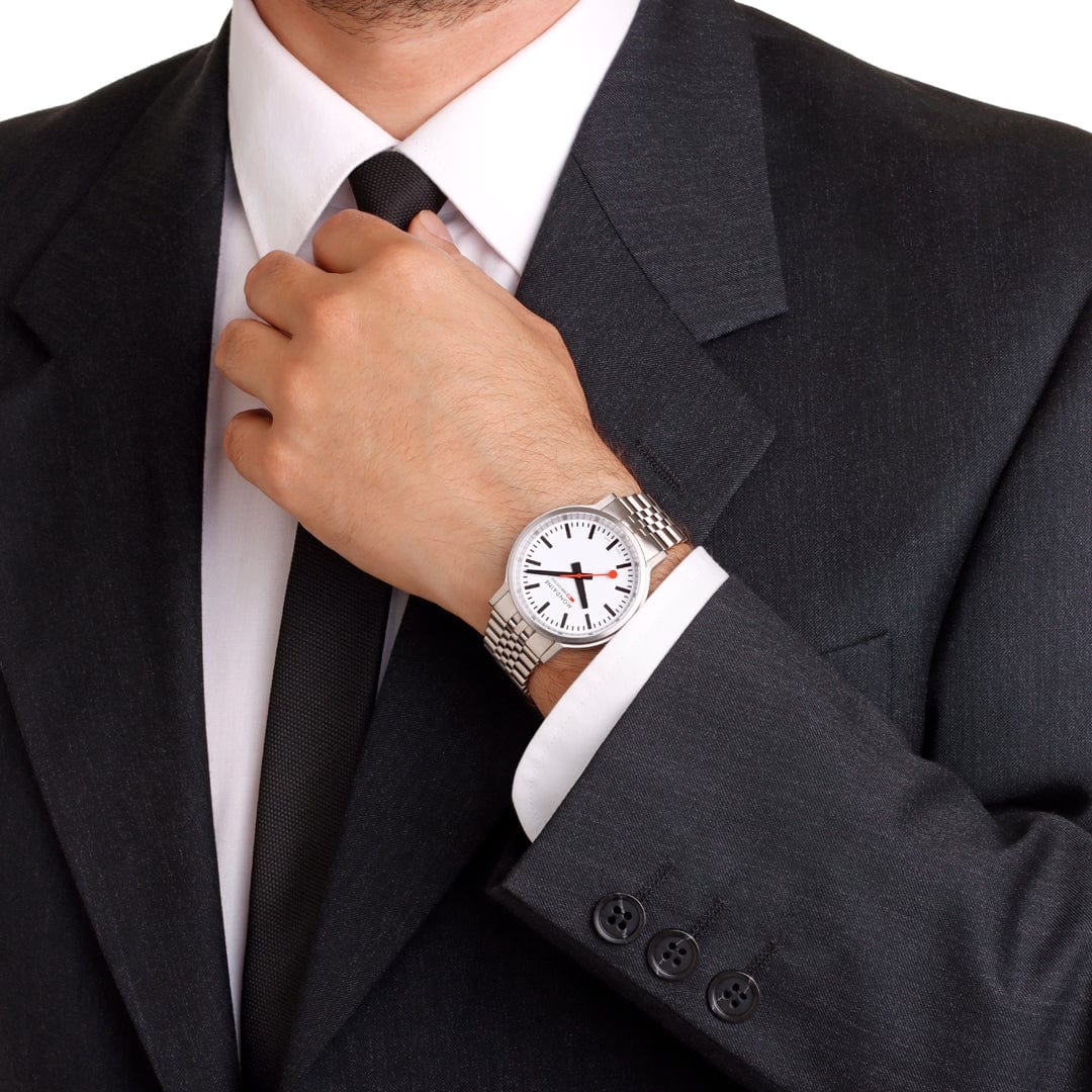 Mondaine 41mm Stop2Go Watch White Dial Steel Bracelet