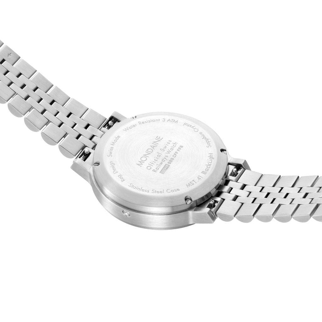 Mondaine 41mm Stop2Go Watch White Dial Steel Bracelet