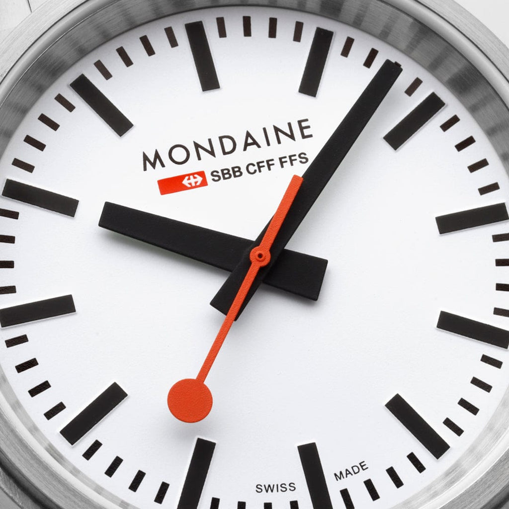 Mondaine 41mm Stop2Go Watch White Dial Steel Bracelet