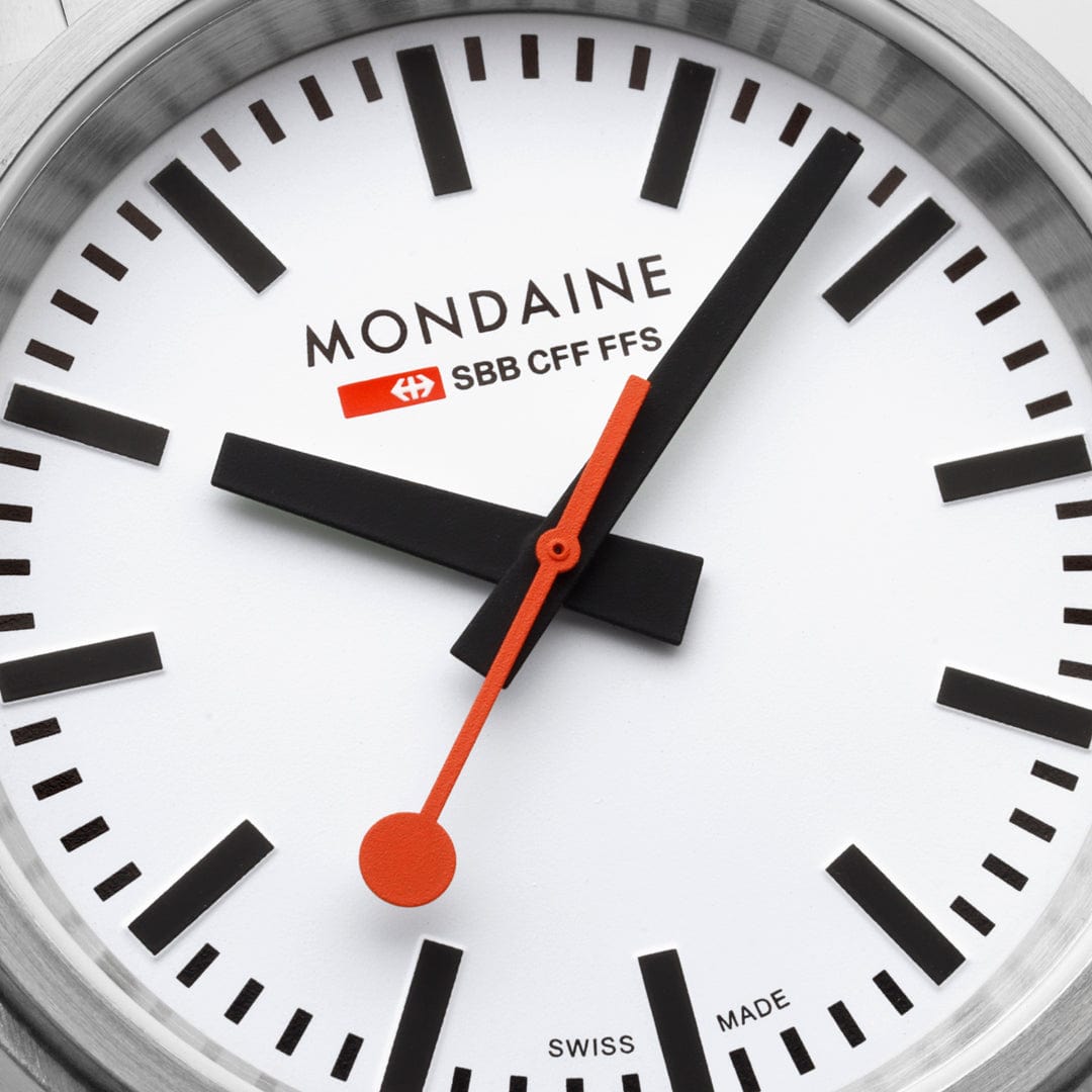 Mondaine 41mm Stop2Go Watch White Dial Steel Bracelet