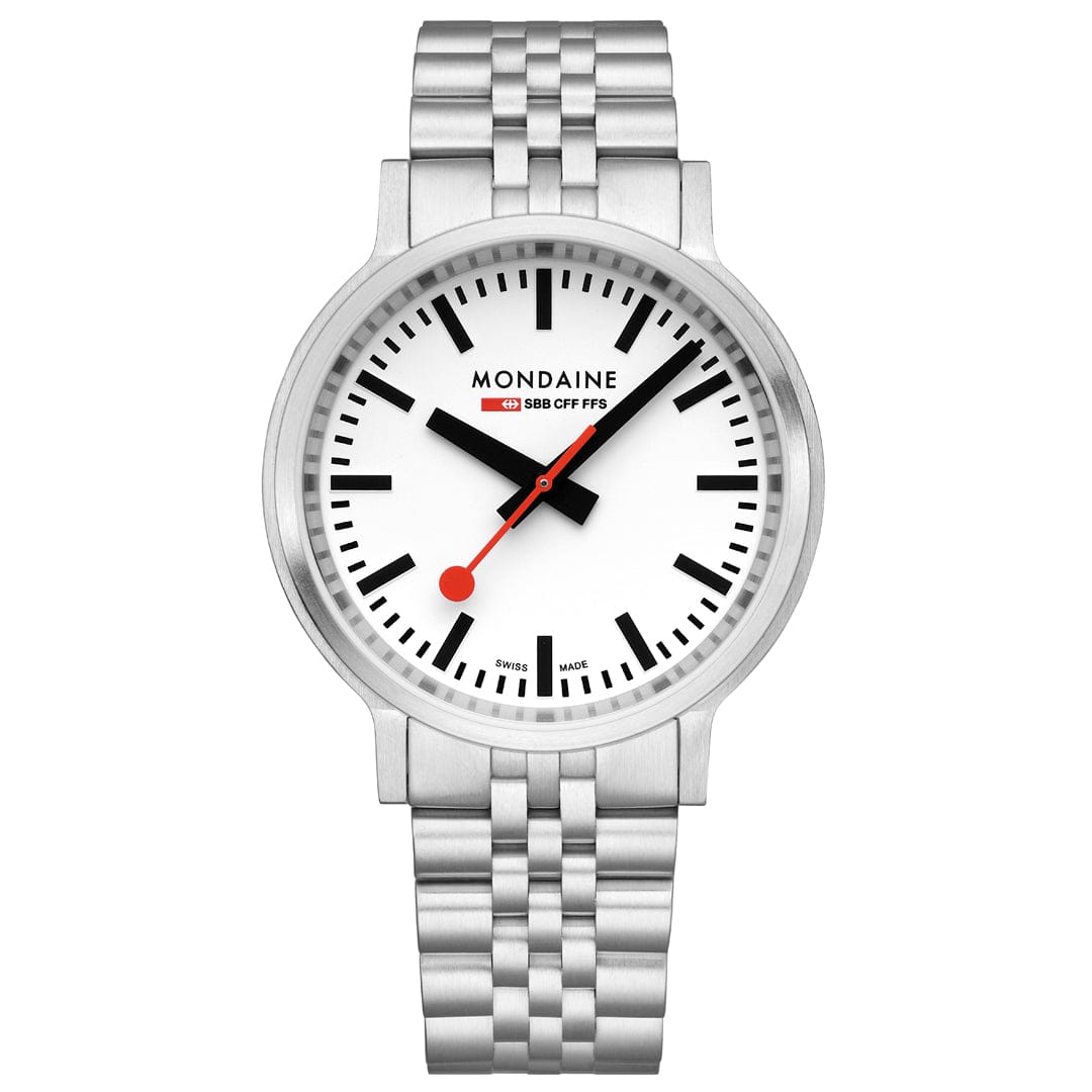 Mondaine 41mm Stop2Go Watch White Dial Steel Bracelet