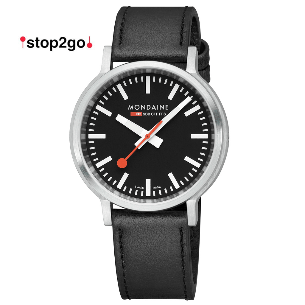 Mondaine 41mm Stop2Go Watch Black Dial Vegan Leather