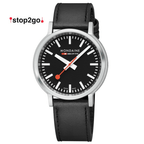 Mondaine 41mm Stop2Go Watch Black Dial Vegan Leather