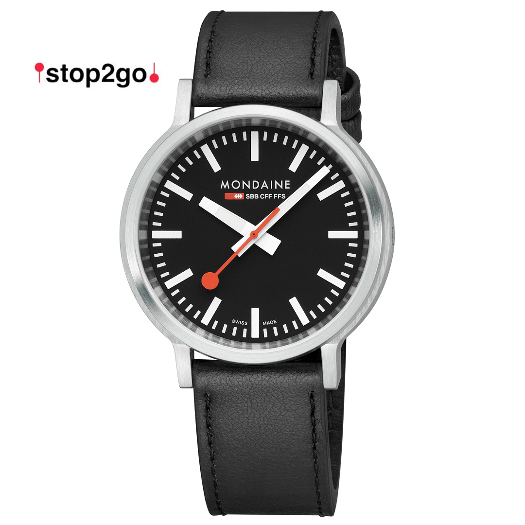 Mondaine 41mm Stop2Go Watch Black Dial Vegan Leather