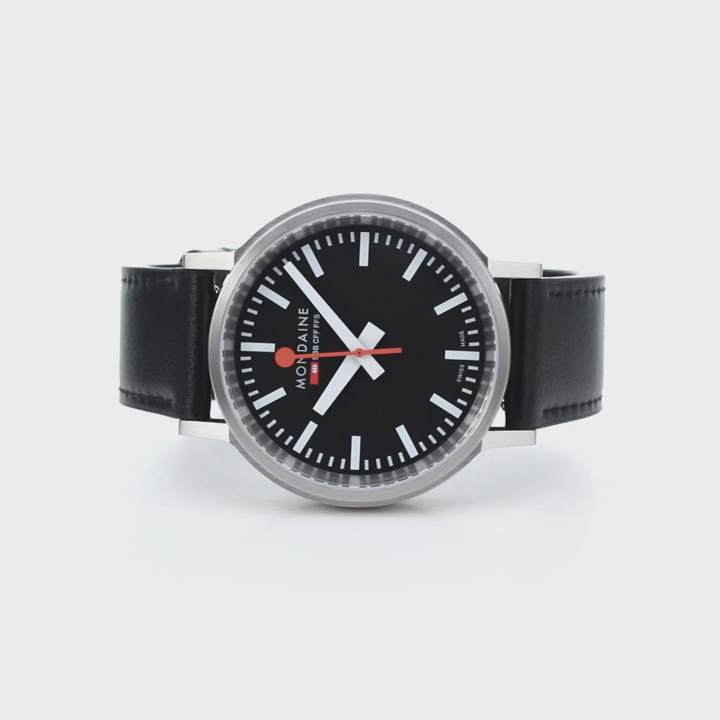 Mondaine 41mm Stop2Go Watch Black Dial Vegan Leather