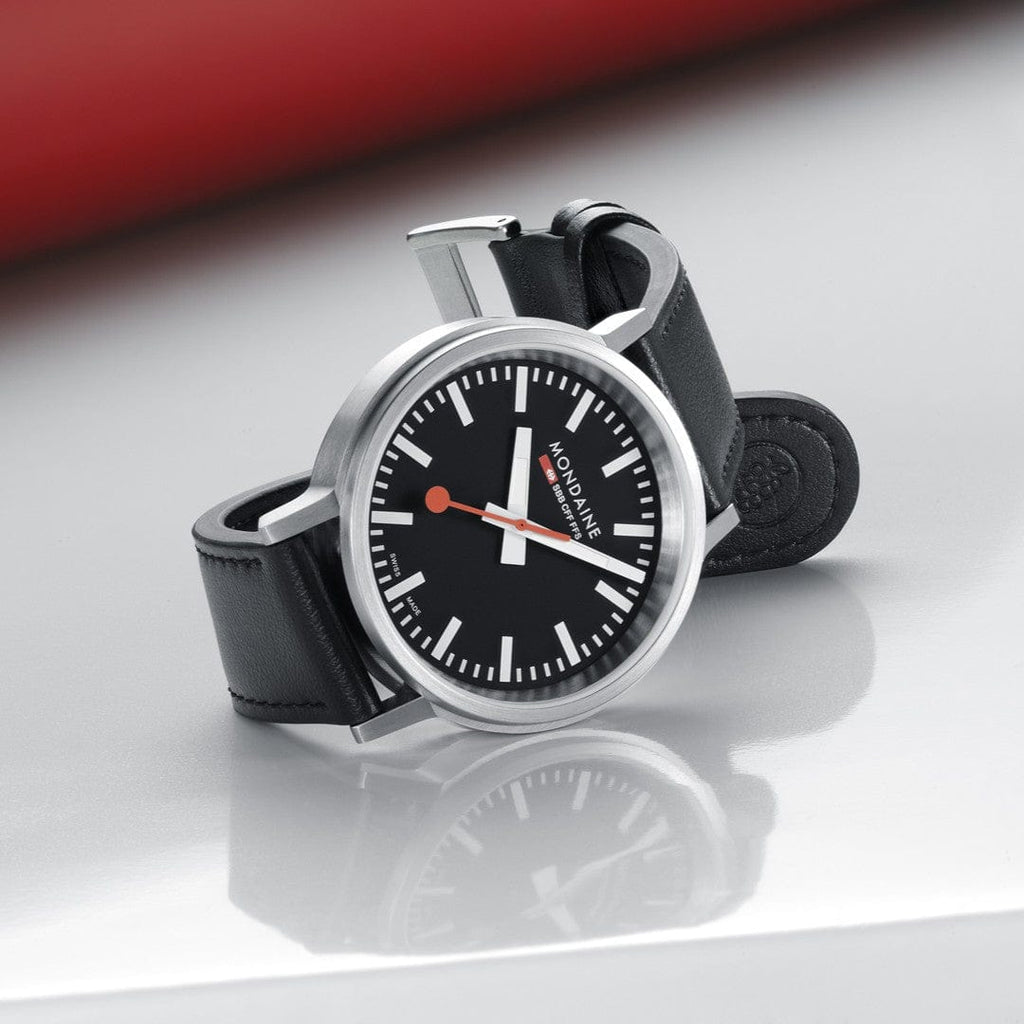 Mondaine 41mm Stop2Go Watch Black Dial Vegan Leather
