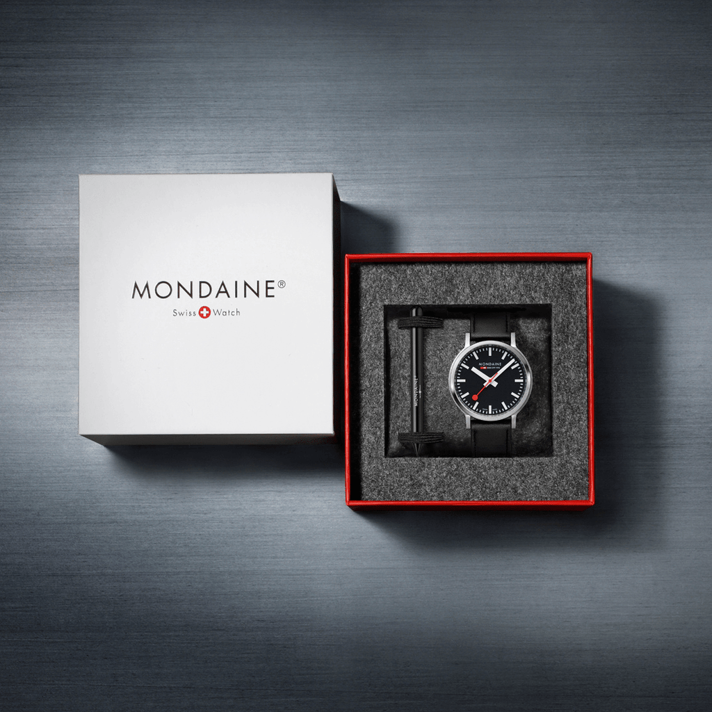 Mondaine 41mm Stop2Go Watch Black Dial Vegan Leather