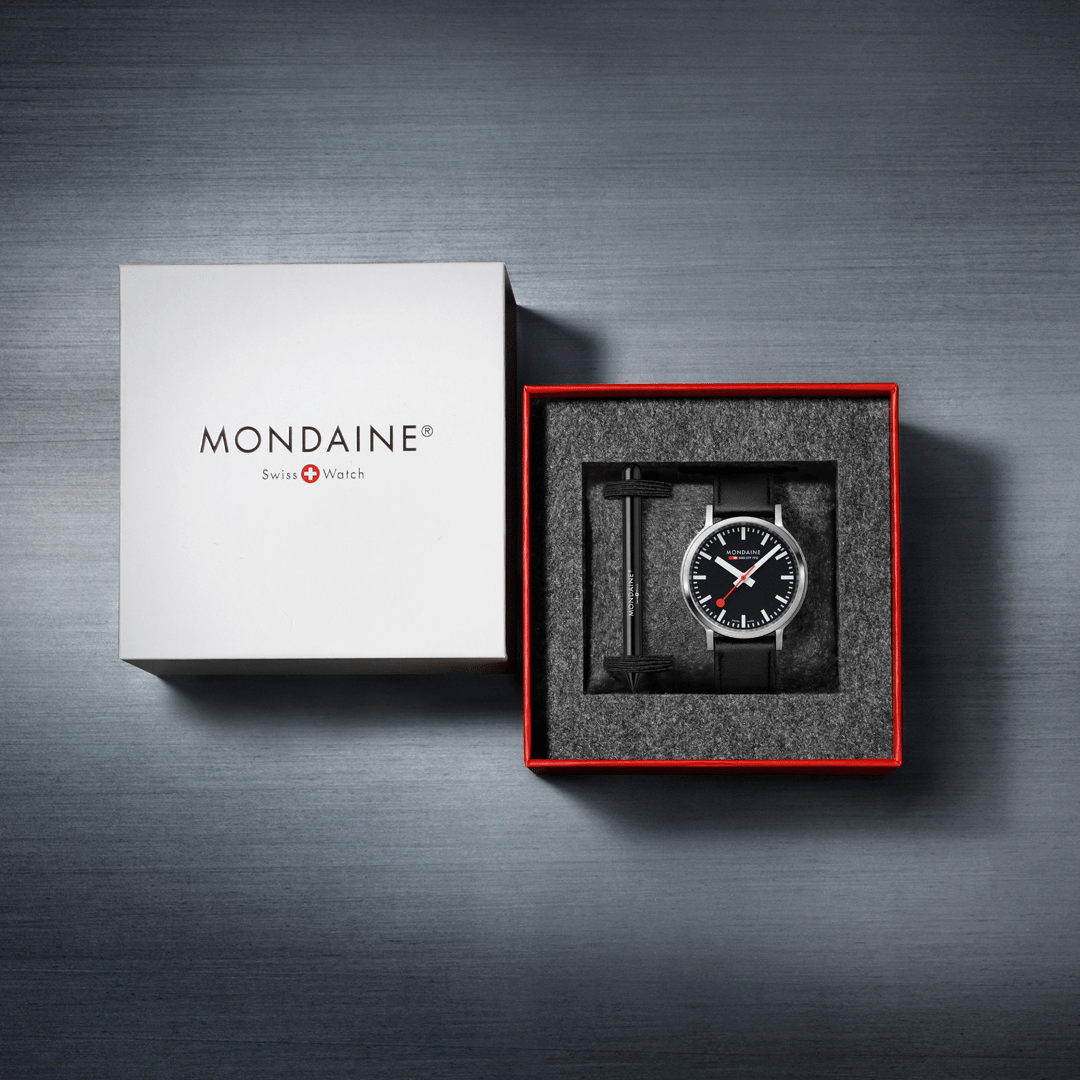 Mondaine 41mm Stop2Go Watch Black Dial Vegan Leather