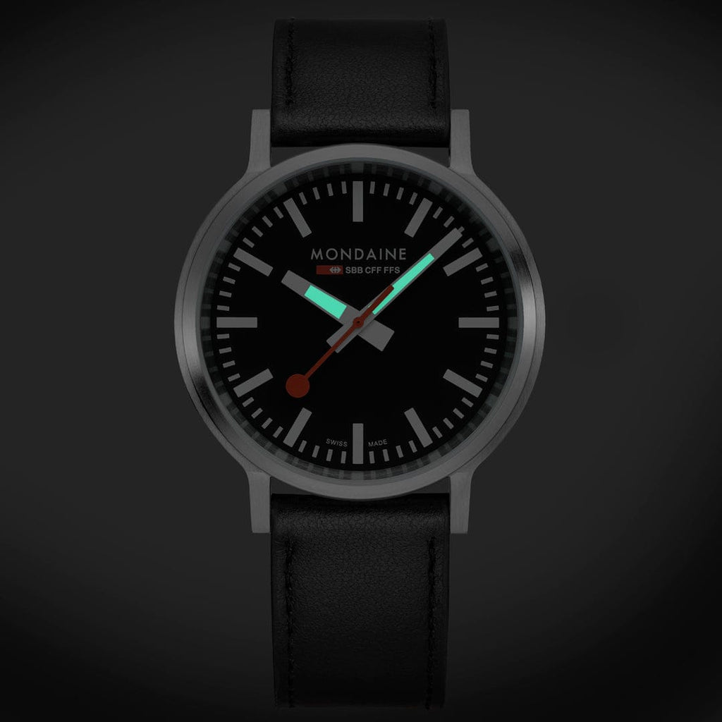 Mondaine 41mm Stop2Go Watch Black Dial Vegan Leather