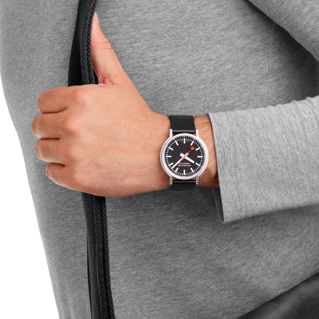 Mondaine 41mm Stop2Go Watch Black Dial Vegan Leather