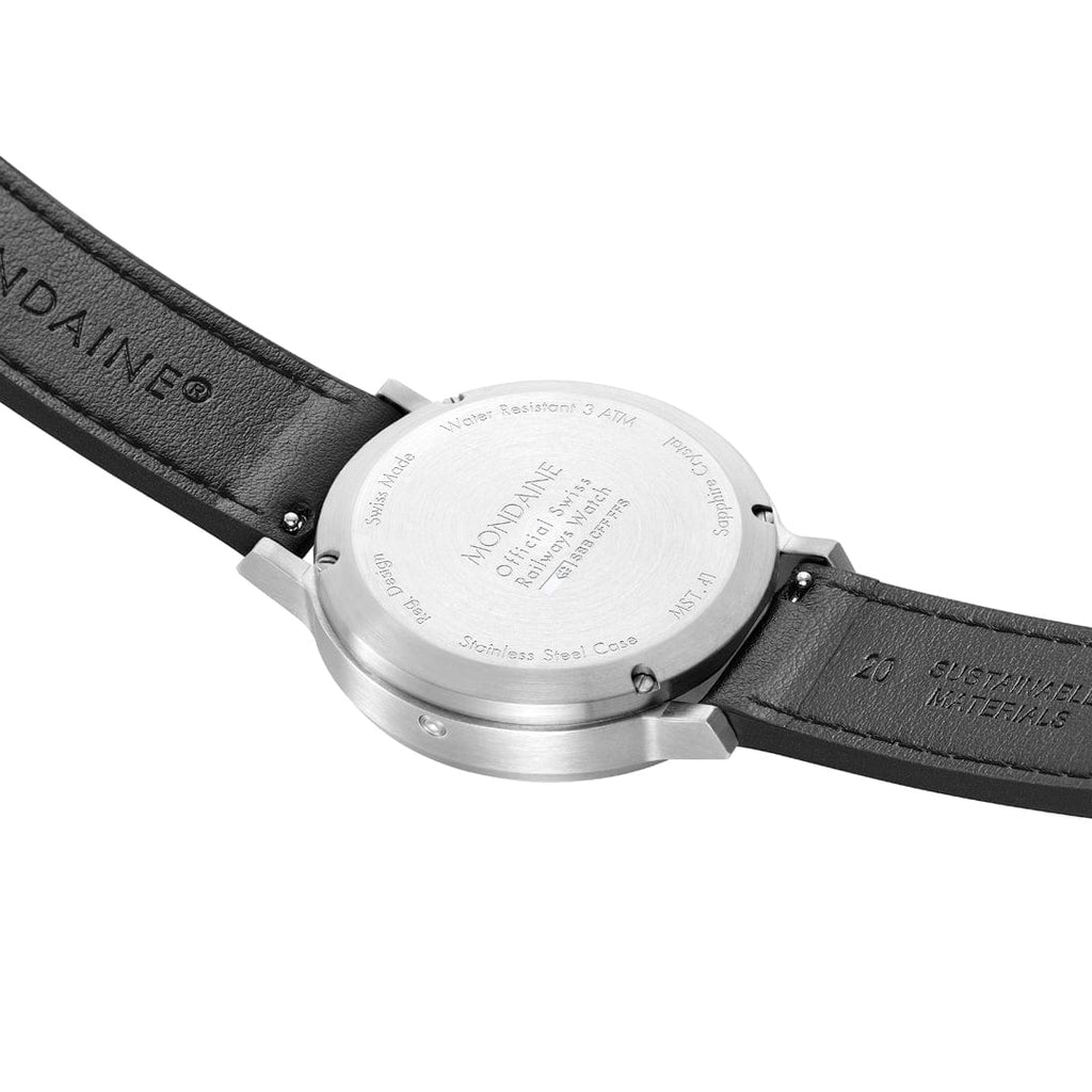 Mondaine 41mm Stop2Go Watch Black Dial Vegan Leather