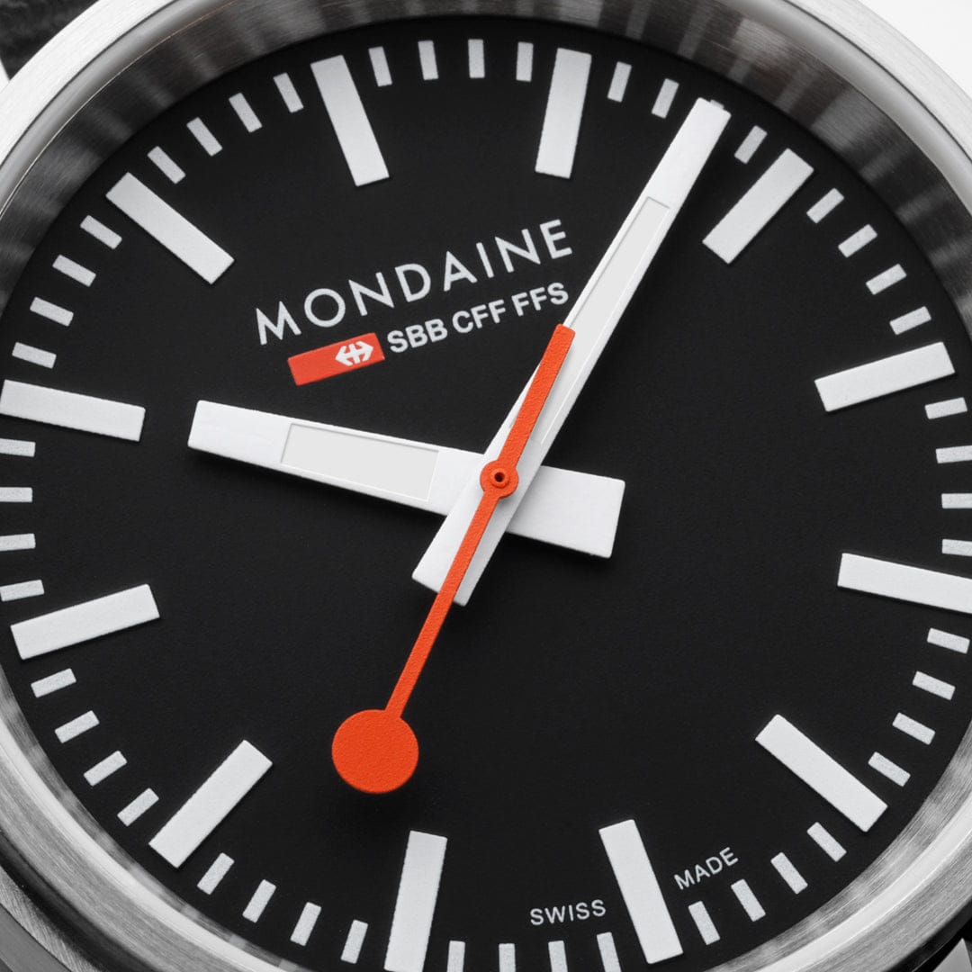 Mondaine 41mm Stop2Go Watch Black Dial Vegan Leather