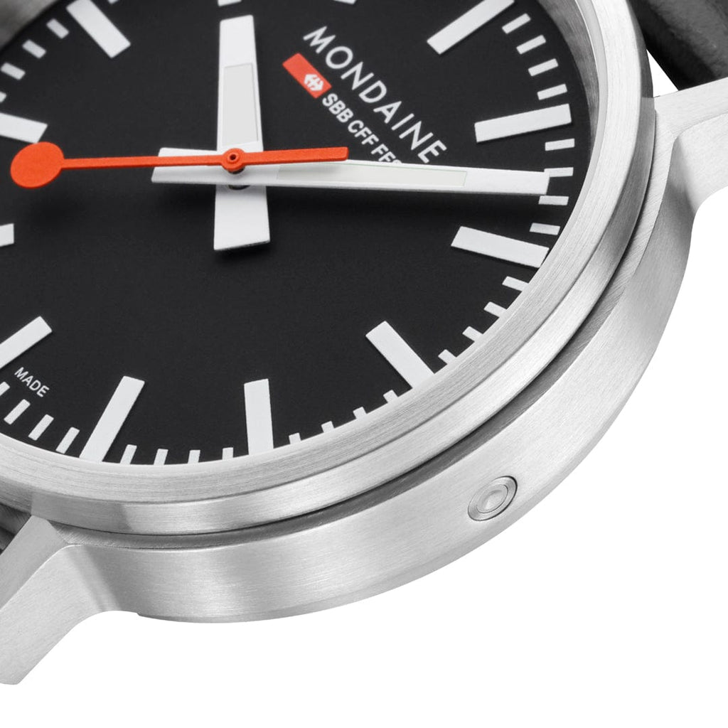 Mondaine 41mm Stop2Go Watch Black Dial Vegan Leather