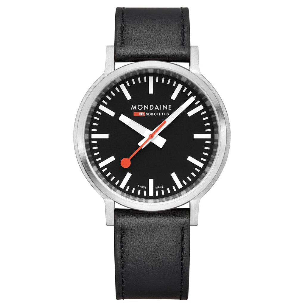 Mondaine 41mm Stop2Go Watch Black Dial Vegan Leather