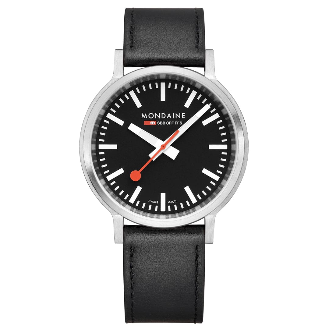 Mondaine 41mm Stop2Go Watch Black Dial Vegan Leather