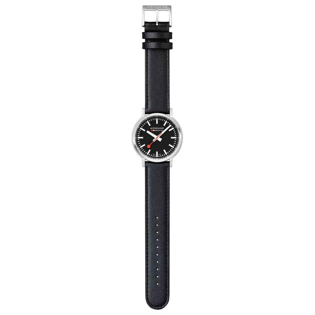 Mondaine 41mm Stop2Go Watch Black Dial Vegan Leather