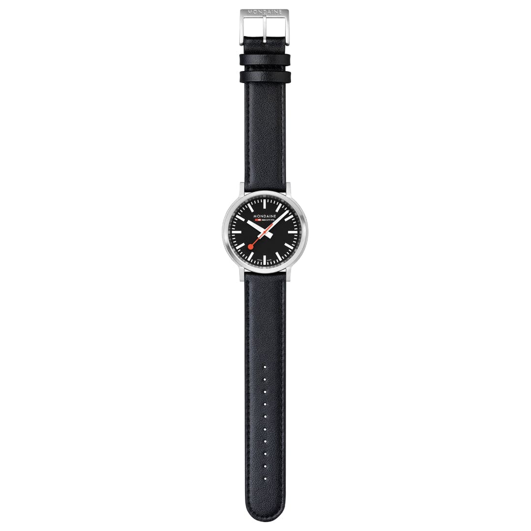 Mondaine 41mm Stop2Go Watch Black Dial Vegan Leather