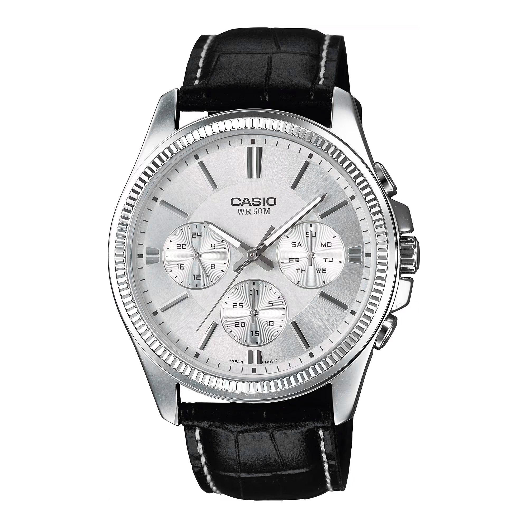 Casio Chrono 42mm Silver Men's Silver Leather Analogue Watch