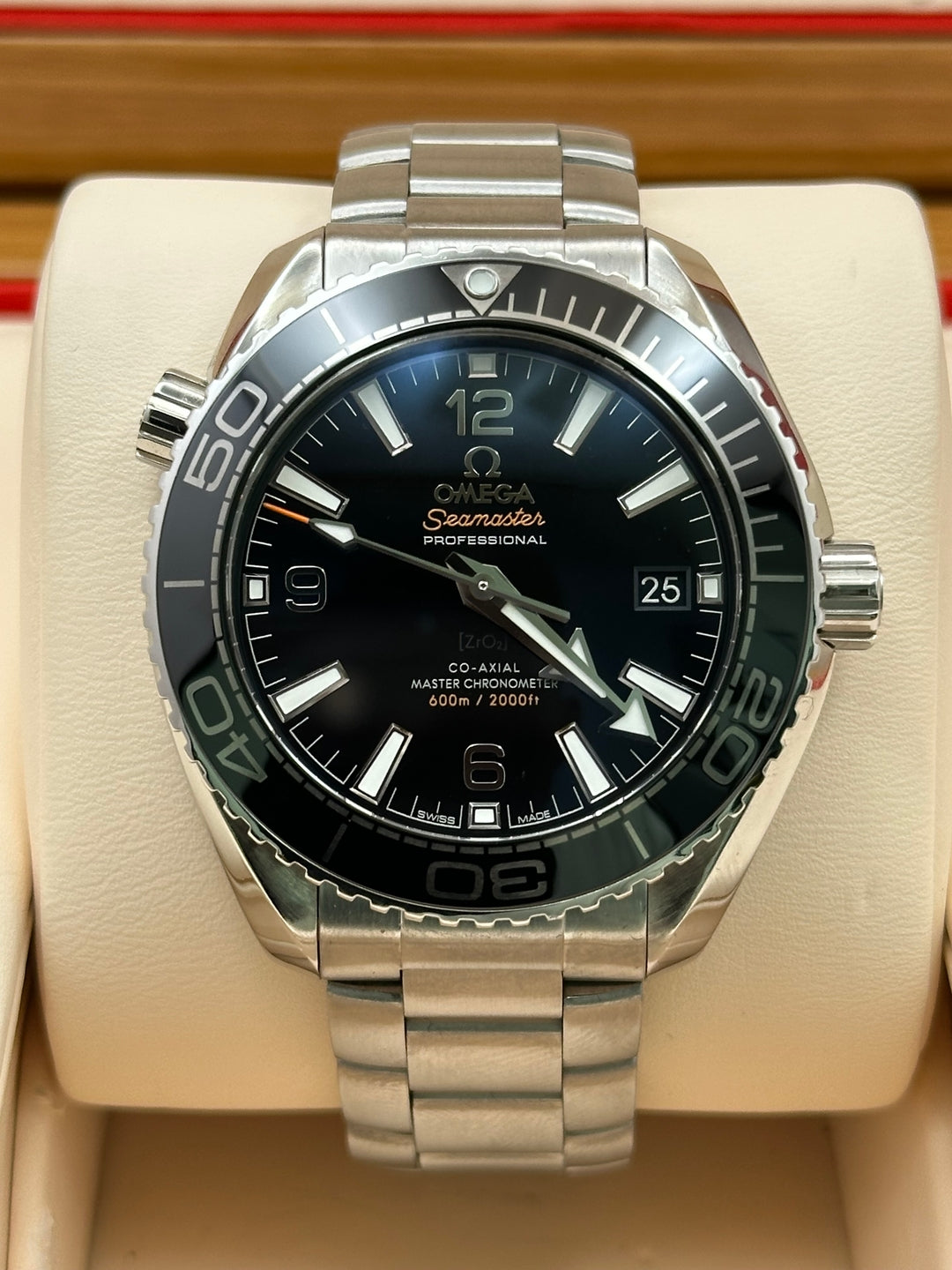 Omega Planet Ocean 600M Co-Axial Master Chronometer Watch - 39.5 mm Steel Case - Unidirectional Black Cermaic Bezel - Black Dial - Black Leather Strap - 215.33.40.20.01.001