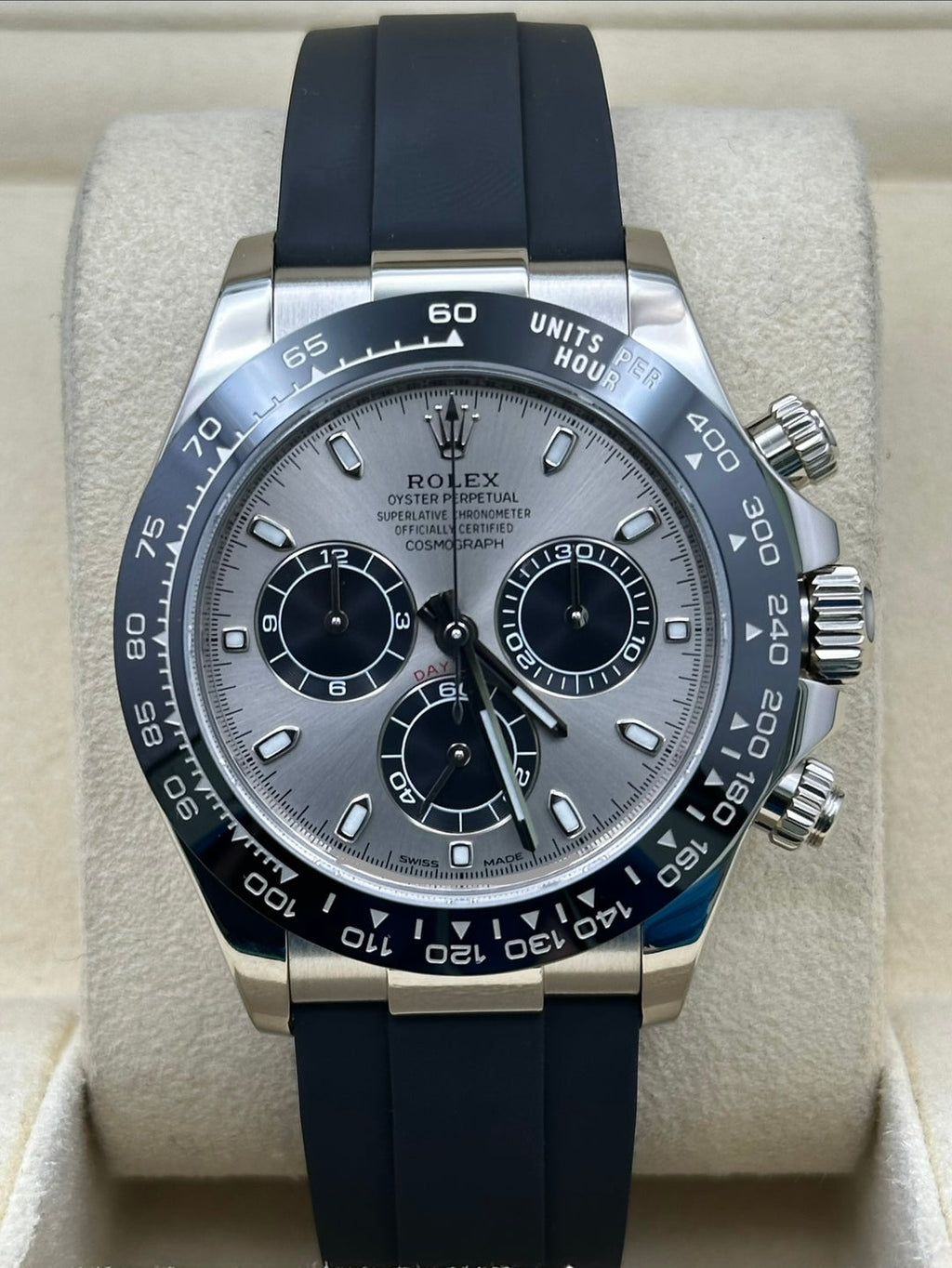 Rolex White Gold  Daytona 40  - Steel Index Dial - Black Oysterflex Strap - 116519LN