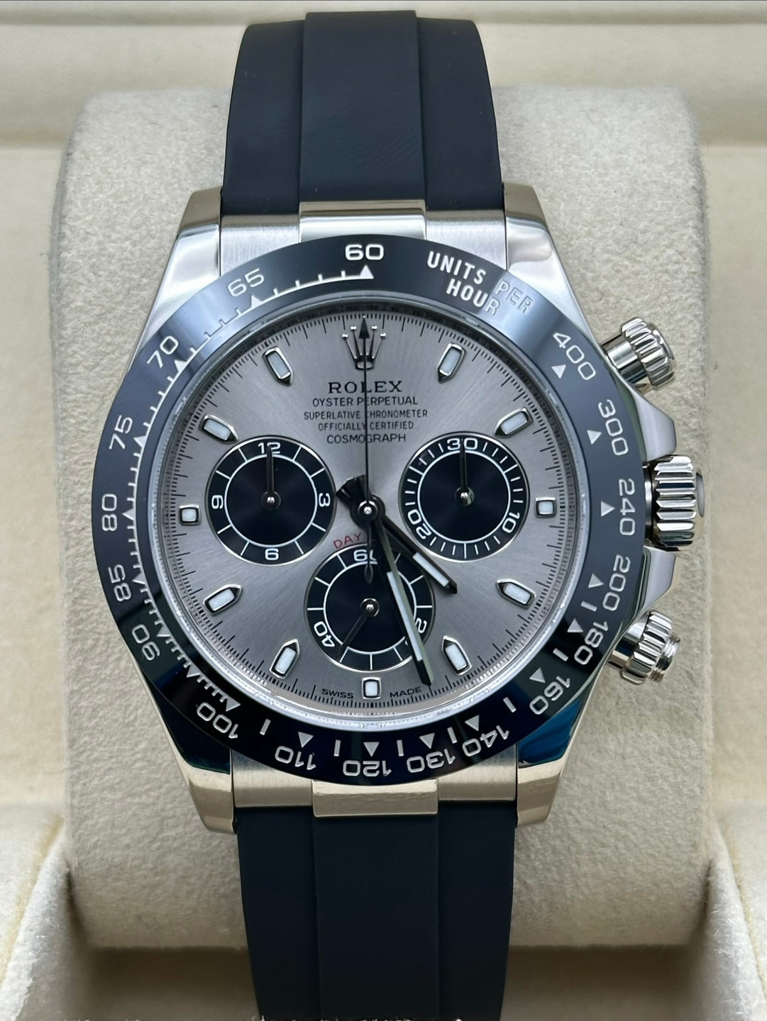 Rolex White Gold  Daytona 40  - Steel Index Dial - Black Oysterflex Strap - 116519LN