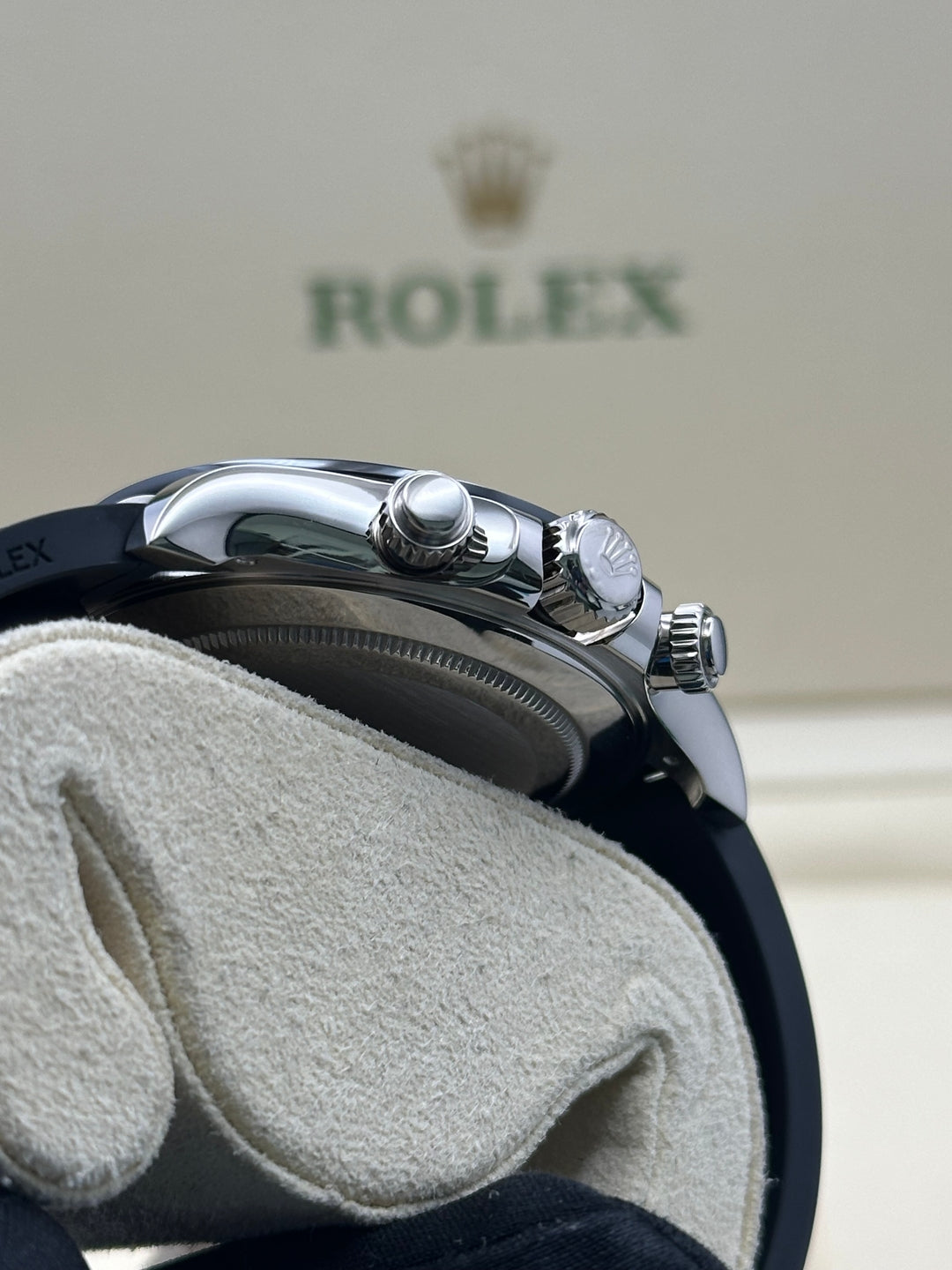 Rolex White Gold  Daytona 40  - Steel Index Dial - Black Oysterflex Strap - 116519LN