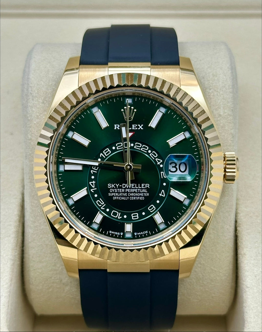 Rolex Sky-Dweller Yellow Gold 42mm Bright Green Dial Fluted Bezel Oysterflex Bracelet - 336238 - 2025